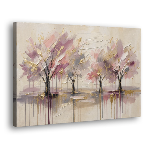 Abstract Cherry Blossom Painting with Gold Drips - Canvas Wall Art