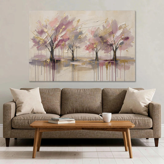 Abstract Cherry Blossom Painting with Gold Drips - Canvas Wall Art - Sofa - 60x40