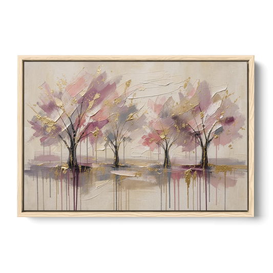 Abstract Cherry Blossom Painting with Gold Drips - Oak Framed Canvas Wall Art - Front