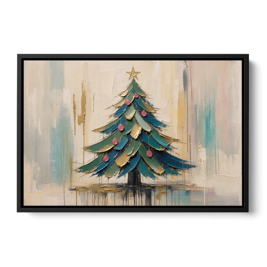 Abstract Christmas Tree Painting in Teal and Gold - Black Framed Canvas Wall Art - Front