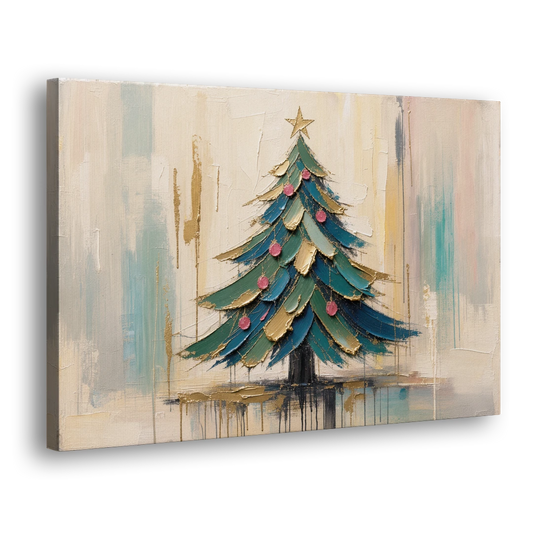 Abstract Christmas Tree Painting in Teal and Gold - Canvas Wall Art - Side
