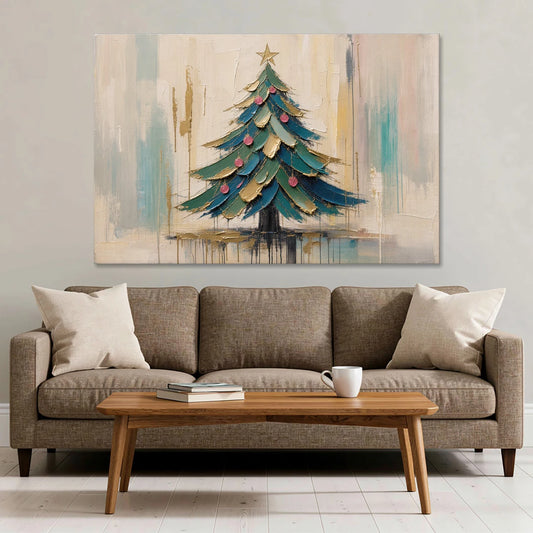 Abstract Christmas Tree Painting in Teal and Gold - Canvas Wall Art - Sofa - 60x40