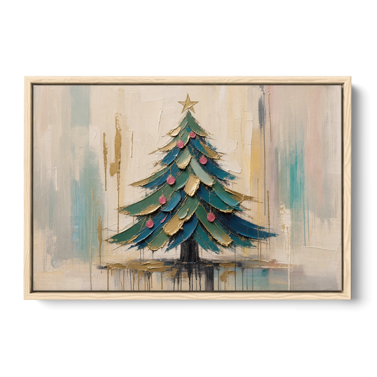 Abstract Christmas Tree Painting in Teal and Gold - Oak Framed Canvas Wall Art - Front