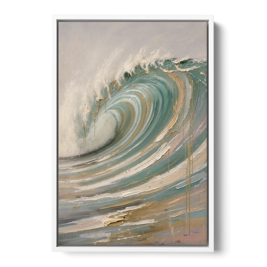 Abstract Coastal Wall Art of a Gilded Curling Wave - White Framed Canvas Wall Art - Front