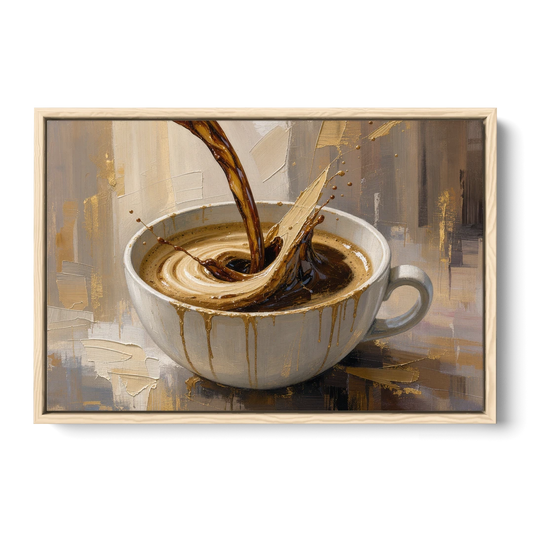 Abstract Coffee Art Pour and Swirl for the Kitchen - Oak Framed Canvas Wall Art - Front