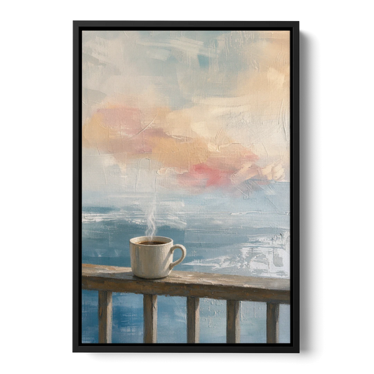Abstract Coffee Painting on a Misty Balcony - Black Framed Canvas Wall Art - Front
