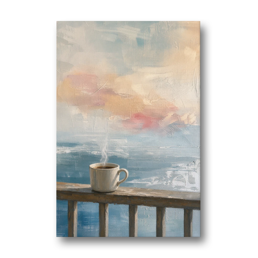 Abstract Coffee Painting on a Misty Balcony - Canvas Wall Art - Front