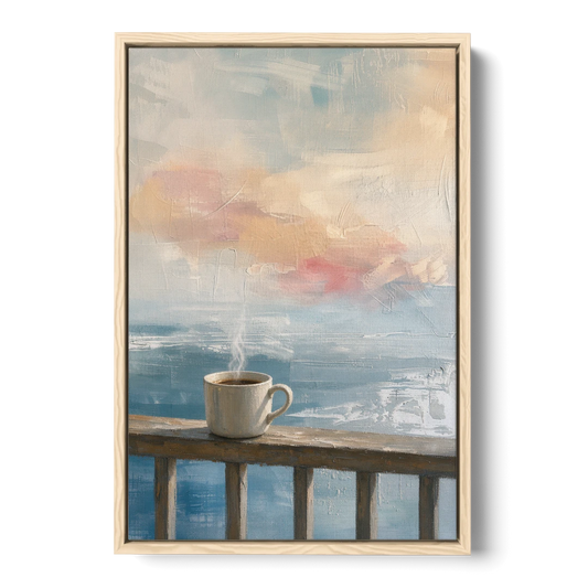 Abstract Coffee Painting on a Misty Balcony - Oak Framed Canvas Wall Art - Front
