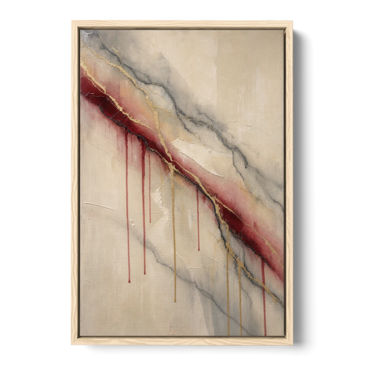 Abstract Crimson Vein in Cream Marble - Oak Framed Canvas Wall Art - Front