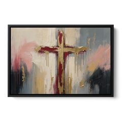 Abstract Cross Painting in Crimson and Gold Leaf - Black Framed Canvas Wall Art - Front
