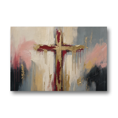 Abstract Cross Painting in Crimson and Gold Leaf - Canvas Wall Art - Front