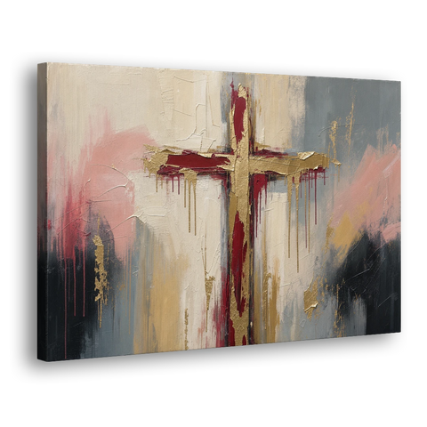 Abstract Cross Painting in Crimson and Gold Leaf - Canvas Wall Art - Side