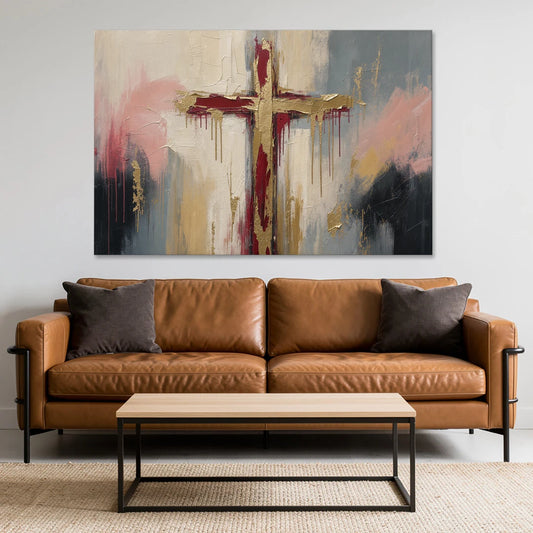 Abstract Cross Painting in Crimson and Gold Leaf - Canvas Wall Art - Sofa - 60x40