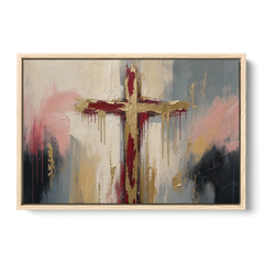 Abstract Cross Painting in Crimson and Gold Leaf - Oak Framed Canvas Wall Art - Front