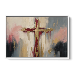 Abstract Cross Painting in Crimson and Gold Leaf - White Framed Canvas Wall Art - Front