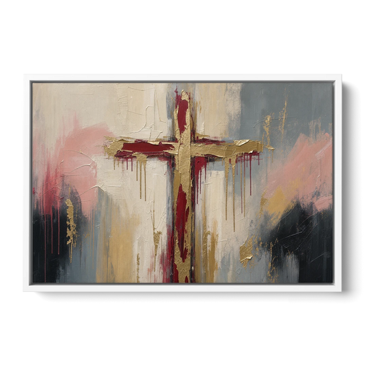 Abstract Cross Painting in Crimson and Gold Leaf - White Framed Canvas Wall Art - Front