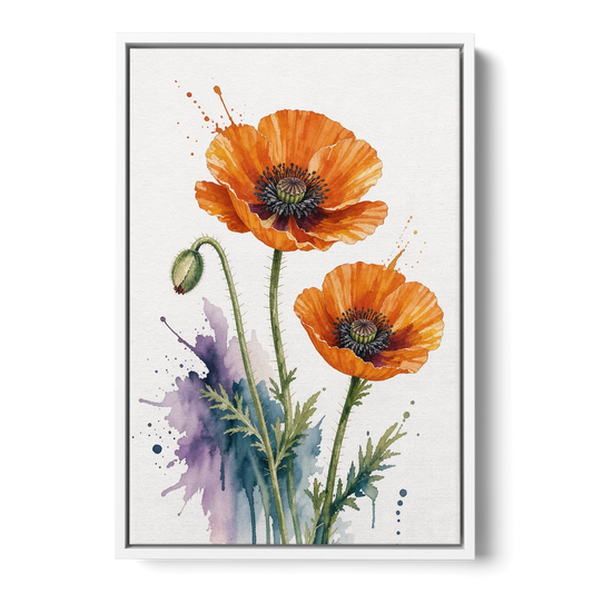Abstract Floral Painting of Orange Poppies - White Framed Canvas Wall Art - Front