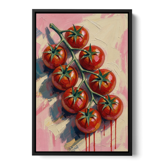 Abstract Fruit Painting of Cherry Tomatoes on the Vine - Black Framed Canvas Wall Art - Front