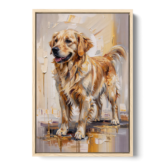 Abstract Golden Retriever in Gold Leaf - Oak Framed Canvas Wall Art - Front
