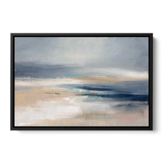 Abstract Horizon Painting in Navy and Mist - Black Framed Canvas Wall Art - Front