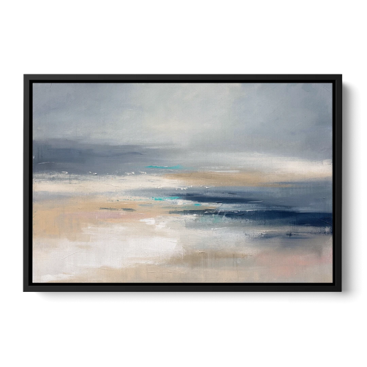 Abstract Horizon Painting in Navy and Mist - Black Framed Canvas Wall Art - Front