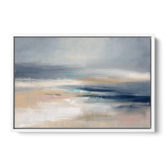 Abstract Horizon Painting in Navy and Mist - White Framed Canvas Wall Art - Front