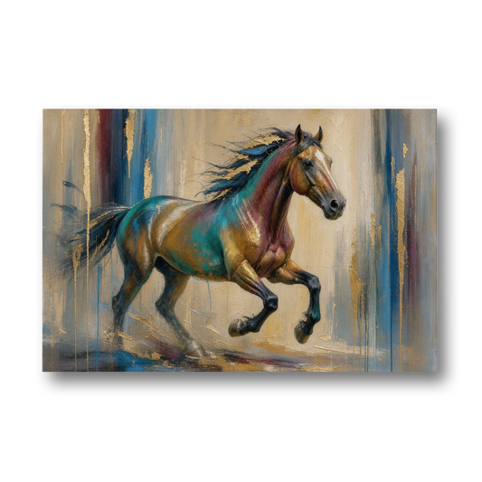 Abstract Horse Painting in Teal and Gold - Canvas Wall Art - Front