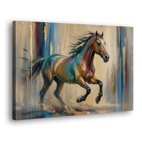 Abstract Horse Painting in Teal and Gold - Canvas Wall Art - Side