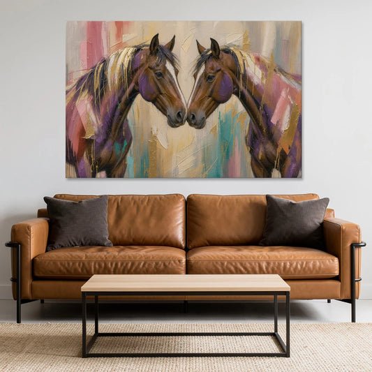 Abstract Horse Wall Art of Two Bays Touching Noses - Canvas Wall Art - Sofa - 60x40