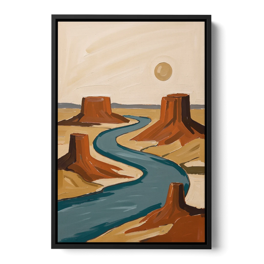 Abstract Landscape Painting of a River and Mesas - Black Framed Canvas Wall Art - Front