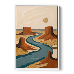 Abstract Landscape Painting of a River and Mesas - White Framed Canvas Wall Art - Front