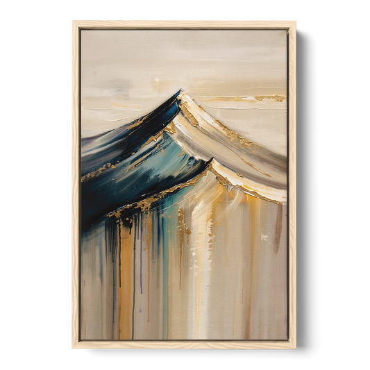 Abstract Mountain Painting with Gold Ridgelines - Oak Framed Canvas Wall Art - Front