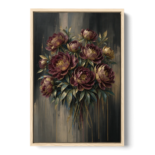 Abstract Peony Painting in Garnet and Gold - Oak Framed Canvas Wall Art - Front
