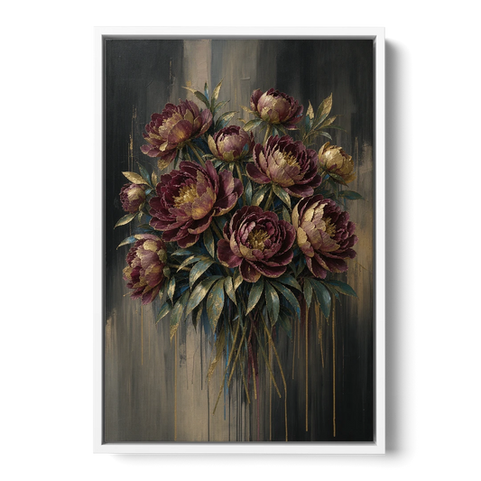 Abstract Peony Painting in Garnet and Gold - White Framed Canvas Wall Art - Front