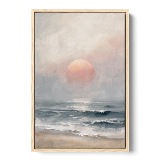 Abstract Pink Sun Through Sea Mist for the Bedroom - Oak Framed Canvas Wall Art - Front
