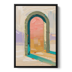 Abstract Sage Green Arch with Peach Glow - Black Framed Canvas Wall Art - Front