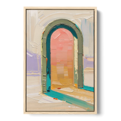 Abstract Sage Green Arch with Peach Glow - Oak Framed Canvas Wall Art - Front