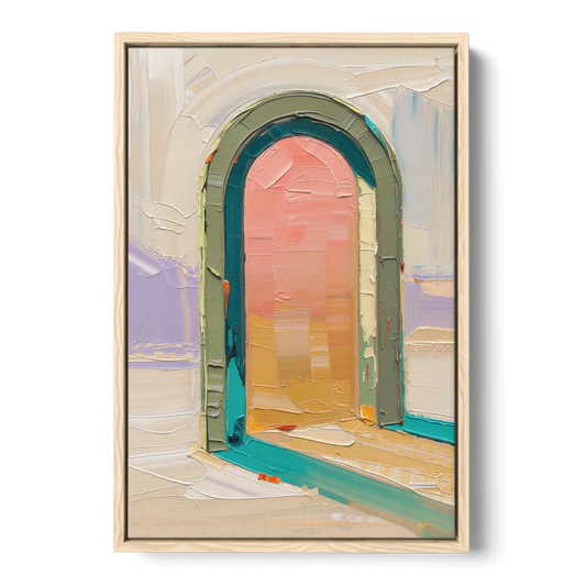 Abstract Sage Green Arch with Peach Glow - Oak Framed Canvas Wall Art - Front