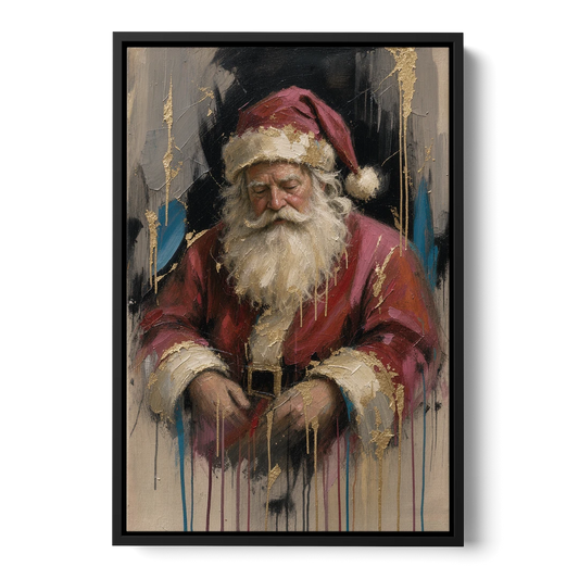 Abstract Santa Painting with Gold Drips - Black Framed Canvas Wall Art - Front