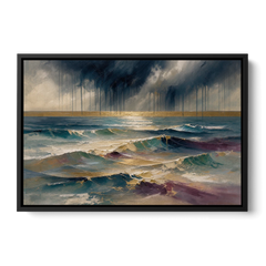 Abstract Seascape Painting with Gold Horizon - Black Framed Canvas Wall Art - Front