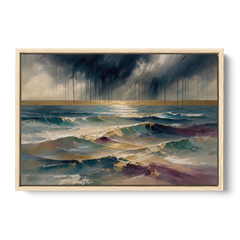 Abstract Seascape Painting with Gold Horizon - Oak Framed Canvas Wall Art - Front
