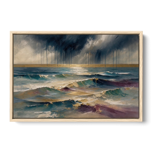 Abstract Seascape Painting with Gold Horizon - Oak Framed Canvas Wall Art - Front