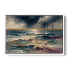 Abstract Seascape Painting with Gold Horizon - White Framed Canvas Wall Art - Front