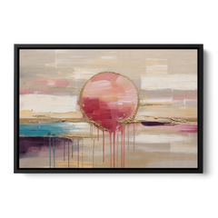 Abstract Sun Painting with Gold Drips - Black Framed Canvas Wall Art - Front
