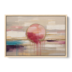 Abstract Sun Painting with Gold Drips - Oak Framed Canvas Wall Art - Front