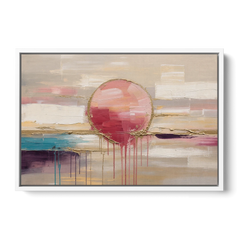 Abstract Sun Painting with Gold Drips - White Framed Canvas Wall Art - Front