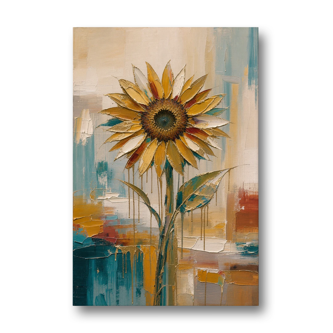 Abstract Sunflower Painting With Gold Drips - Canvas Wall Art - Front