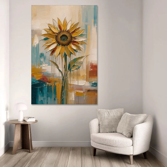 Abstract Sunflower Painting With Gold Drips - Canvas Wall Art - Sofa - 40x60