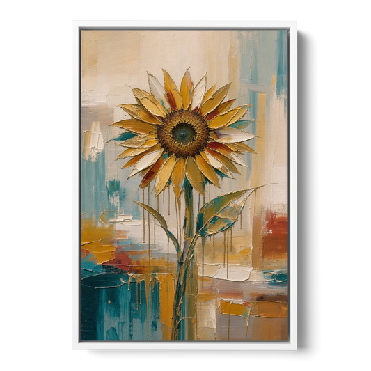Abstract Sunflower Painting With Gold Drips - White Framed Canvas Wall Art - Front