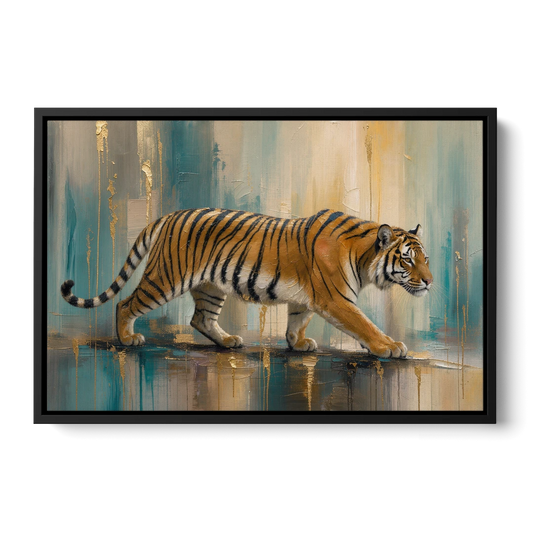Abstract Tiger Painting with Gold Drips - Black Framed Canvas Wall Art - Front